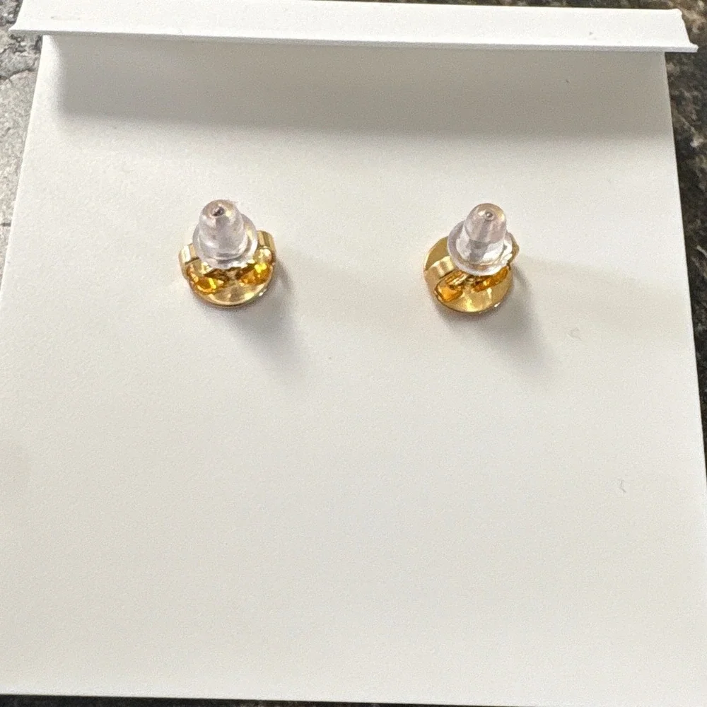 Tory Burch Gold Tone Crystal Pave Flower Logo Stud Earrings Womens